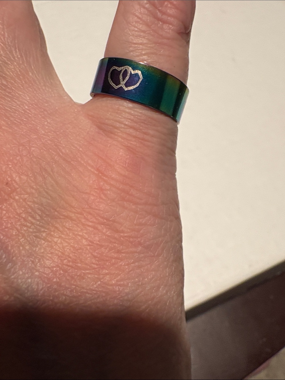 Iridescent Rainbow Heart Ring Band Steel 7.5 Green Purple Pink - Picture 3 of 4